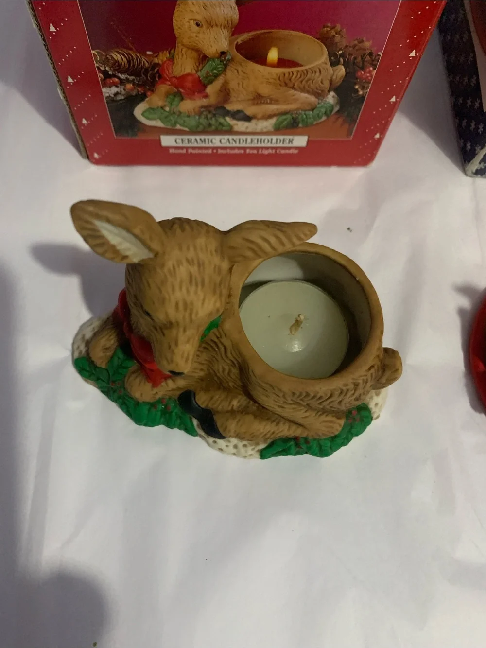 Two Ceramic Christmas Tea Lite Candleholders Deer Tree Nativity